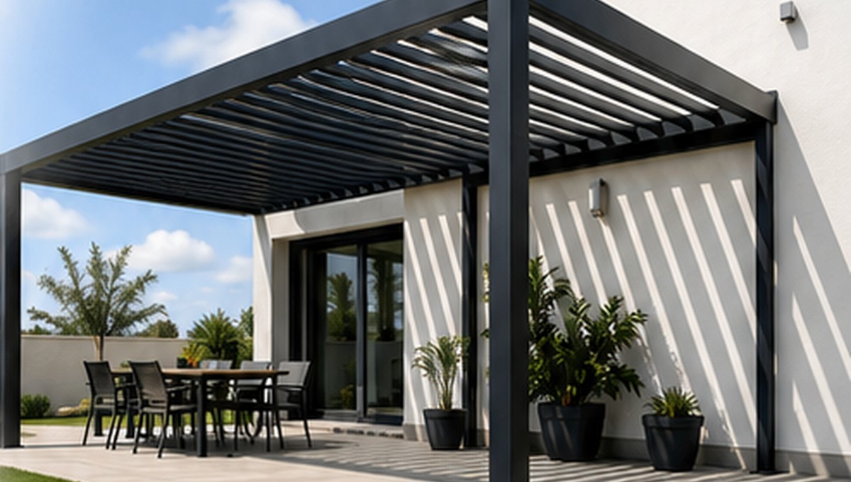 Pérgola metálica ligera instalada en una vivienda